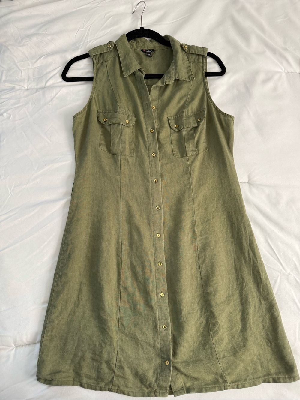 Guess Olive Green Sleeveless Button-Front Shirt Dress
